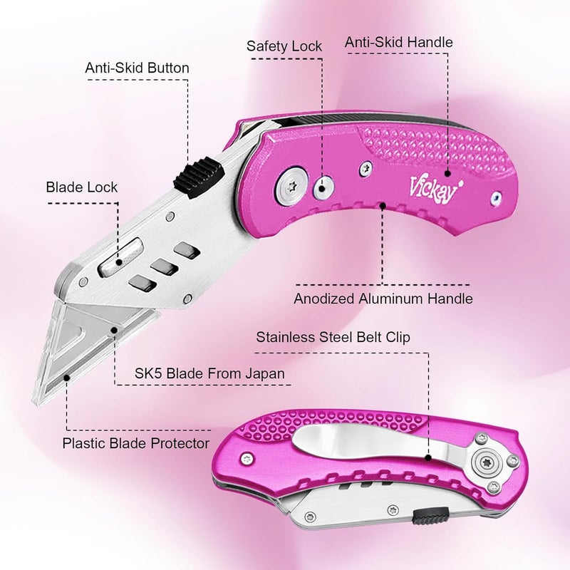 Vickay Folding Utility Knife, Box Cutter with 5 SK5 Quick Change Blades, Safety Axis Lock Design Razor Knife, Lightweight Aluminum Handle Belt Clip for Office Home Artcraft (Hot Pink) - Image 3